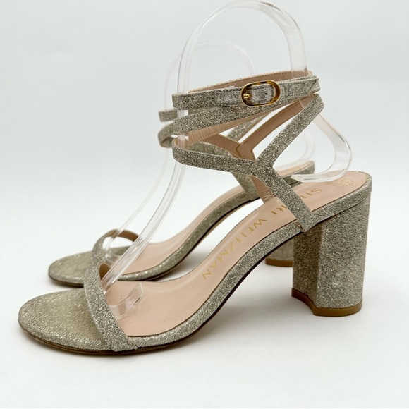 Stuart Weitzman Merinda Ankle-Wrap Block Heel Sandals Gold Glitter - Picture 5 of 11